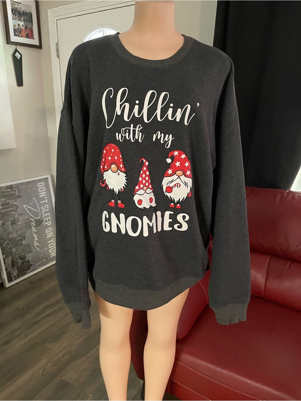 Shillin' With My Gnomies Graphic Sweatshirt - Dark Gray & Red unisex XL top